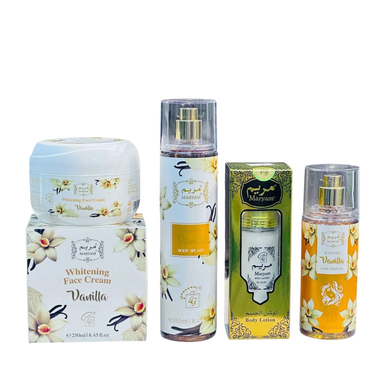 4 in 1 Maryam Vanilla Beauty Bundle (Body Lotion 40ml  Whitening Cream 250ml  Body Splash 250ml   Hair Perfume 150ml)