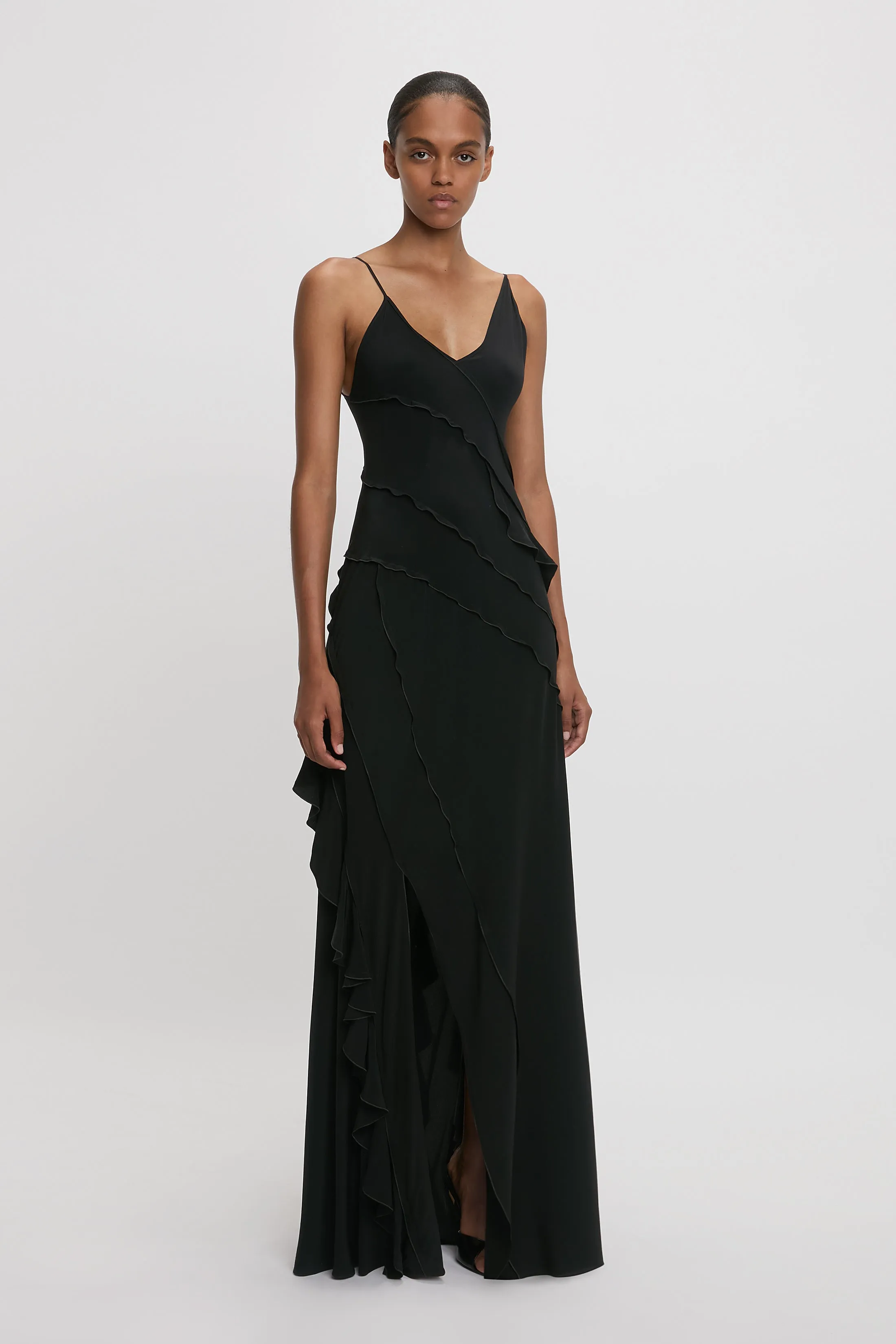 Asymmetric Bias Frill Dress In Black