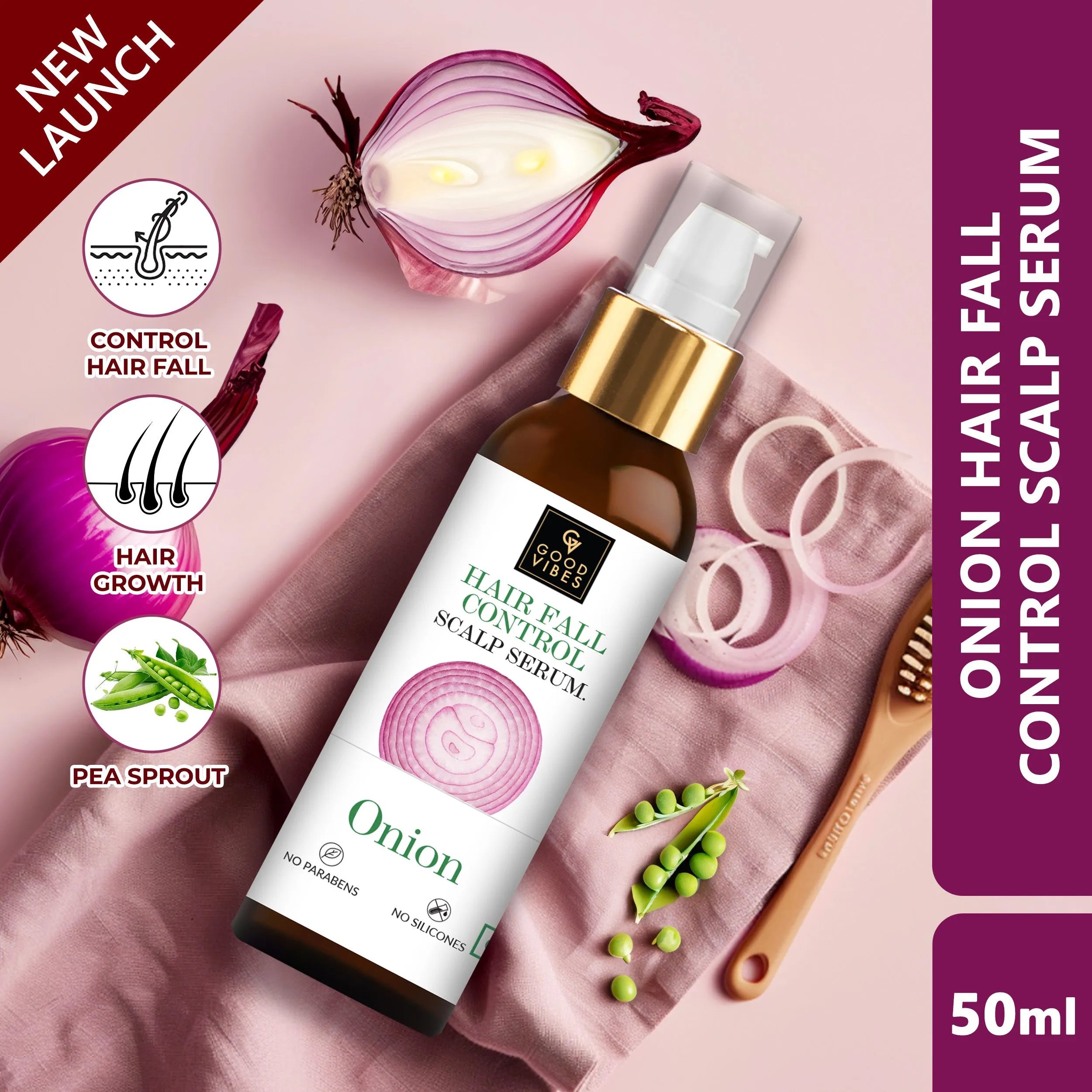 Good Vibes Hair Fall Control Onion Scalp Serum | Onion Extracts | Pea Sprout Extracts | Healthy Hair Growth | Hair Nourishment | Enhances volume | All hair Types - 50ml
