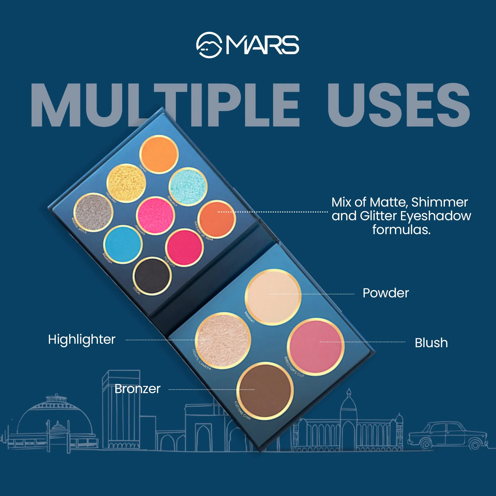 MARS The City Paradise Makeup Kit | Highly Pigmented and Blendable | 9 Eyeshadow Palette with 1 Highlighter, Blusher, Bronzer & Compact Powder each (16.0 gm) (04-Kolkata)