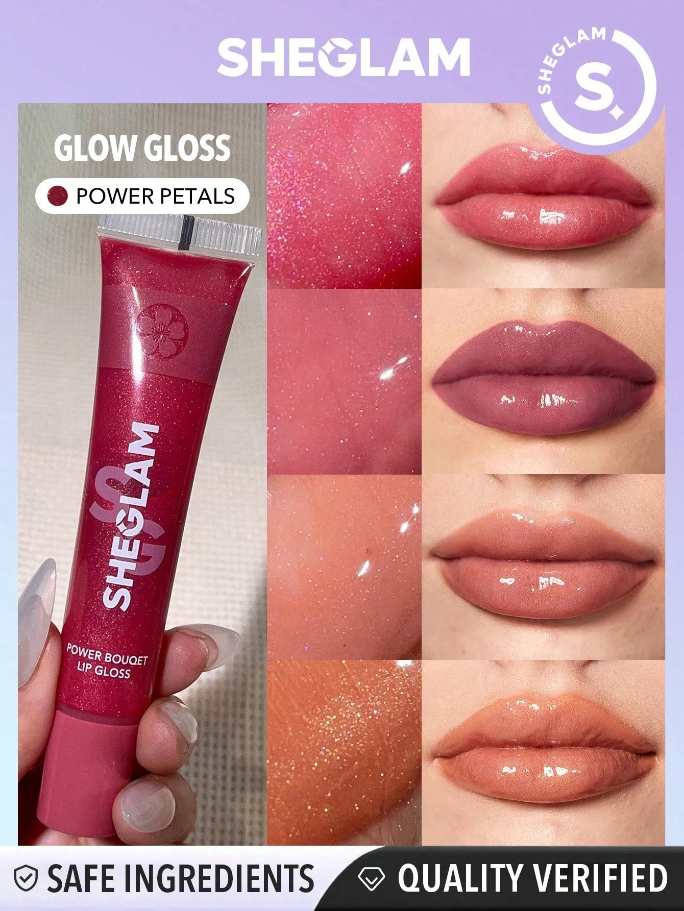 SHEGLAM Power Bouquet Lip Gloss -Power Petals  Shiny Tinted Moisturizing Lip Gloss Plumping Non-Sticky Lip Oil Repairing Cherry Blossom Extract Lip Care