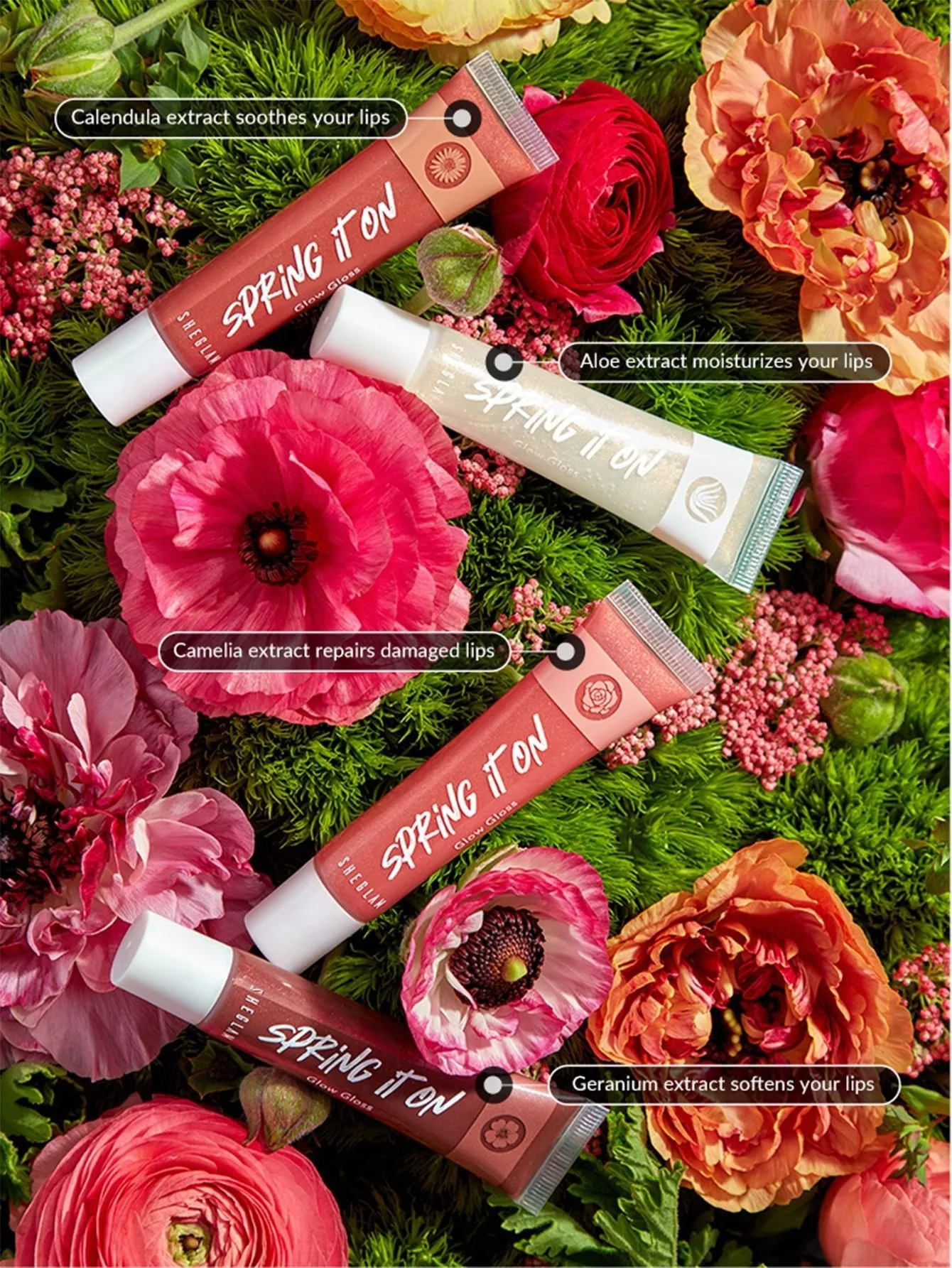 SHEGLAM Power Bouquet Lip Gloss -Power Petals  Shiny Tinted Moisturizing Lip Gloss Plumping Non-Sticky Lip Oil Repairing Cherry Blossom Extract Lip Care
